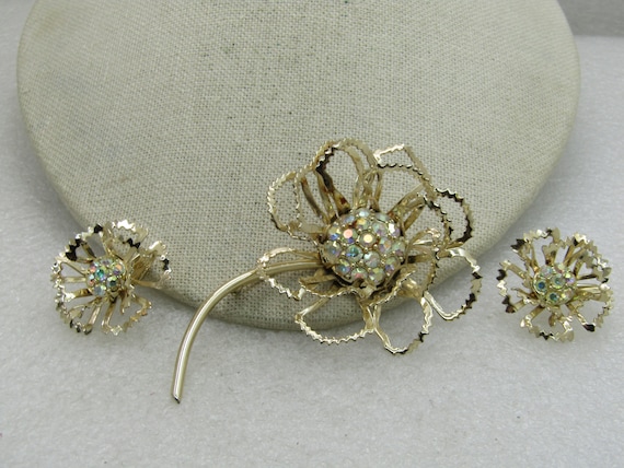 Vintage Sarah Coventry Rhinestone Floral Brooch & Clip Earrings Set 1960's-1970's