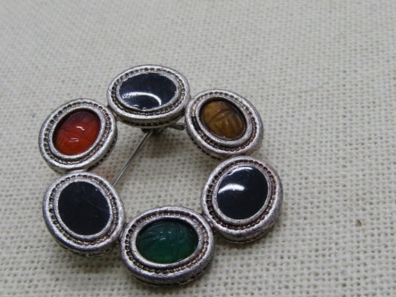 Vintage Scarab Circle Brooch, 1980's, Silver tone.