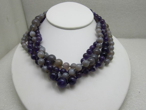 Vintage Purple & Gray Beaded Necklace, 10mm to 12mm,  Amethyst and Gray Quartz, 2 Necklaces