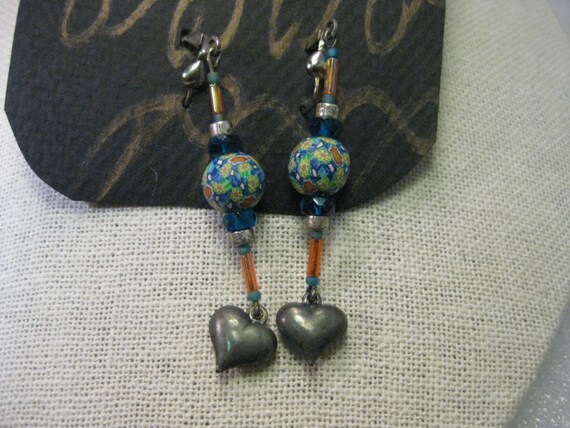 Vintage Silver Tone Heart Beaded Pierced Earrings - Boho - Double Hearts, Mosaic Floral Bead, 1990's