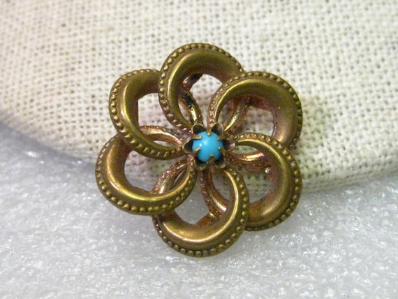 True Victorian to Art Nouveau Spiral Brooch with Turquoise Stone, Gold Filled, 1"