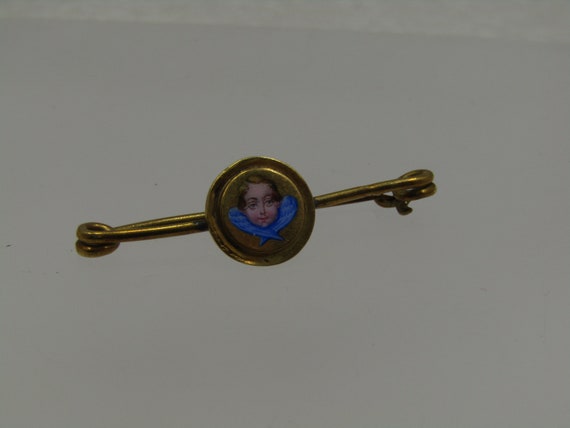 Edwardian/Victorian 18kt-22kt Enameled Painted Cherub Brooch, late 1800’s into early 1900’s