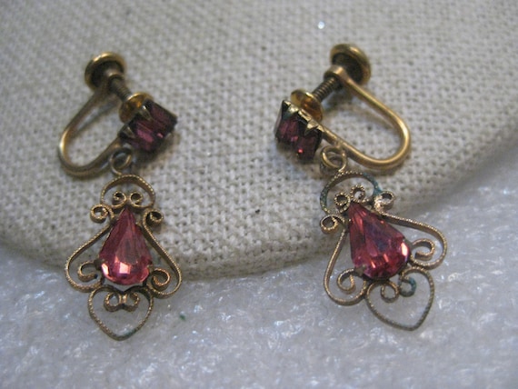 Vintage Bal-Ron Pink Rhinestone Earrings, Stud and Dangle, Screw-Back, 12kt G.F.