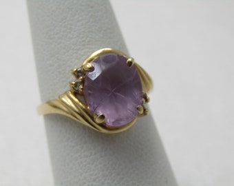 Vintage 14kt Amethyst Diamond Ring, Carved Back, Sz. 6, 3.17 Gr.