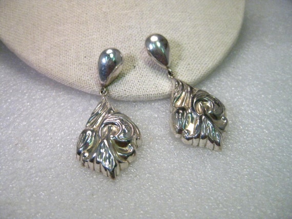 Vintage Sterling Silver Stud and Dangle Repousse/Stamped Pierced Earrings, signed TJ 19, Mex.925, 2.5" long, 12.09 gr.