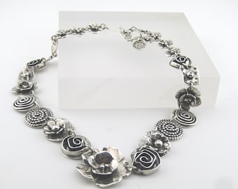 Sherry Tinsman Sterling Floral & Spiral Linked Necklace, Graduated, 17", 1990's