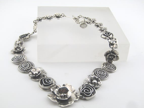Sherry Tinsman Sterling Floral & Spiral Linked Necklace, Graduated, 17", 1990's