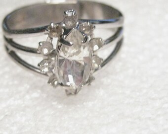 Vintage Silvertone Marquis Clear Stone & Accent Stones, Triple Wide-Band Ring, adjustable