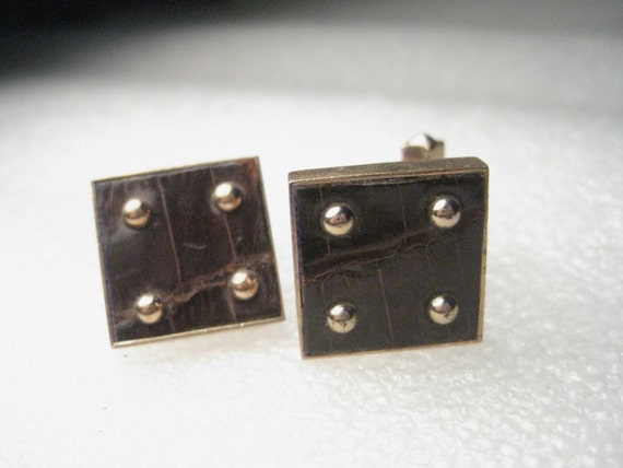 Vintage 1960's Swank Art Deco Unisex Goldtone Alligator/Leather Square Cuff Links, gold bead accents