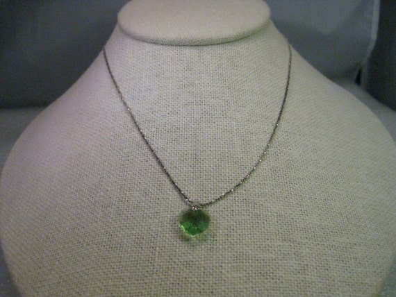 Vintage Necklace, Sterling Silver Chain & Green Crystal Heart Pendant, 16"