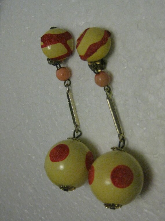 Vintage 1940's-1960's Clip Earrings - Yellow with Textured Red Dots & Waves, signed Hong Kong, 2.75" long - True Vintage