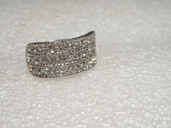 Vintage Silvertone Triple Row, Clear Rhinestone, Ring, adjustable - NEW (but vintage)