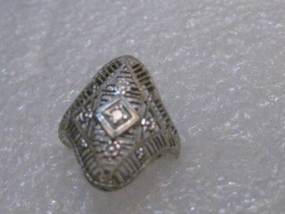 Vintage Art Deco 14kt Filigree Diamond Ring, Size 5, 1.91 grams.  3/4" long, Single 1.5mm Diamond