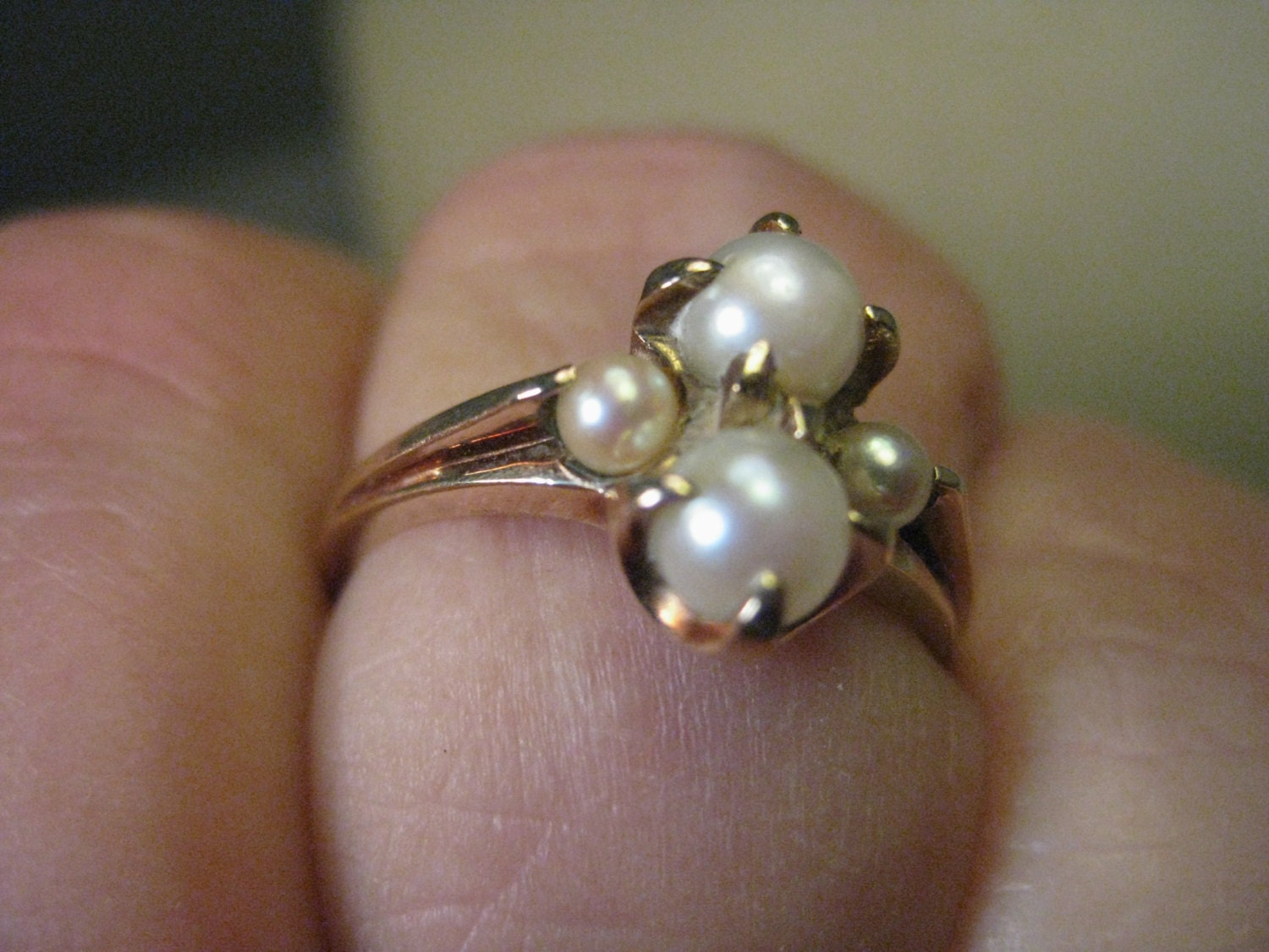 Vintage 10kt Gold Multi Pearl Ring, Size 7, signed H Art Deco Style