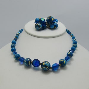 Vintage Aqua Foiled Moonglow Beaded Necklace & Clip Earrings with Aurora Borealis Stones, 16&quot;