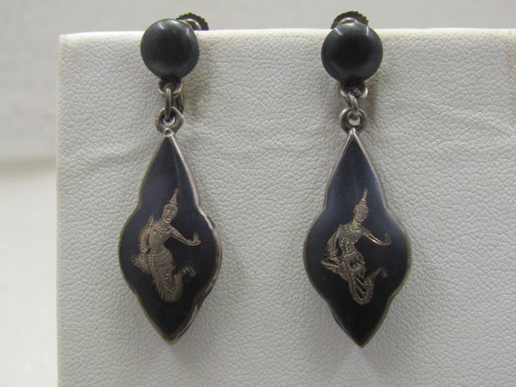 Vintage Sterling Siam Goddess Black Goddess Earrings, Screw Back