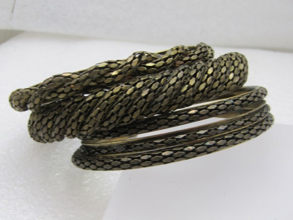 Vintage 5 Stacking Brass Mesh Bangle Bracelets, 8.25" with an opening of 2.75"