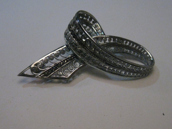 Vintage Silver Filigree Marcasite Looped Brooch, … - image 2