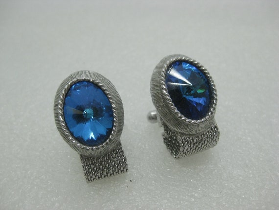 Vintage Silver Tone Cuff Links, Blue Rivoli Stones, Mesh, 1960's-1980's