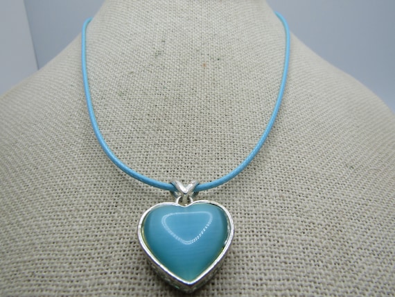 Aqua Faux Mother-of-Pearl Heart Necklace, 20" Aqua Cord.
