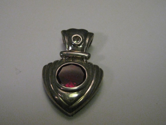Vintage Sterling Silver Pendant/Slide/Enhancer with Faux red and clear gemstones , Faux Medieval, Gothic, Boho Style