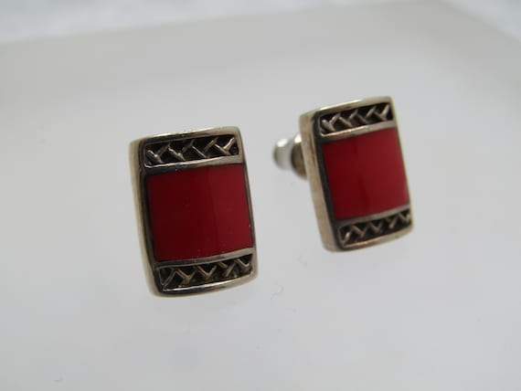 Vintage Sterling Red Enameled Earrings, Signed F, 1980's-1990's