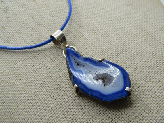 Vintage Sterling Blue Agate Geode Necklace, 20".