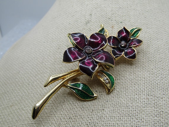 Vintage Purple & Green Enameled Floral Stem Brooch, with Rhinestones.