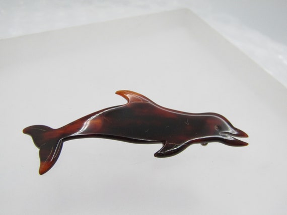 Vintage Tortoiseshell Dolphin Brooch, Carved 1960's