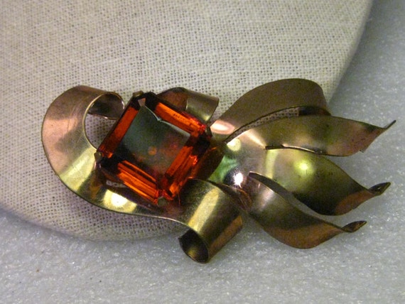 True Vintage Abstract Gold Tone Brooch with 1" Step Cut Deep Orange Cut Stone, 3.5" -  1930s, 1940s - Runway