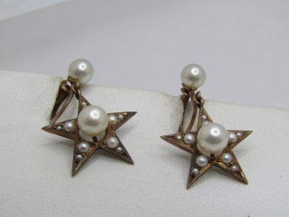 Vintage 10kt G.F. Star Pearl Earrings, Stud/Dangle, 1930's-1940's