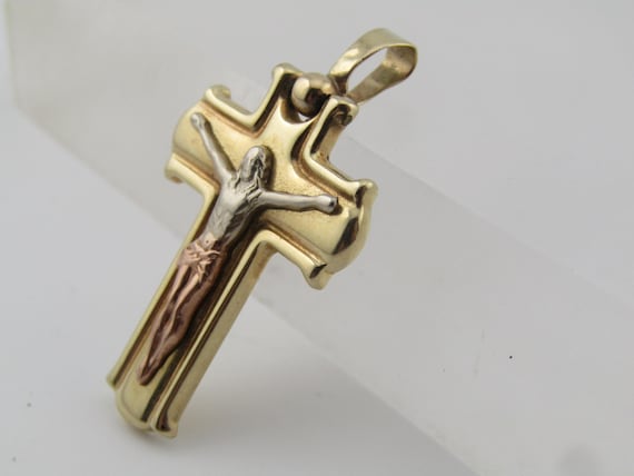 Vintage 14k Tricolor Crucifix Cross Pendant, 1980's-1990's