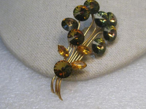 Vintage Green Rivoli Floral Brooch, Stem, 2.75", Amber Marquis Leaves, 1940's-1950's