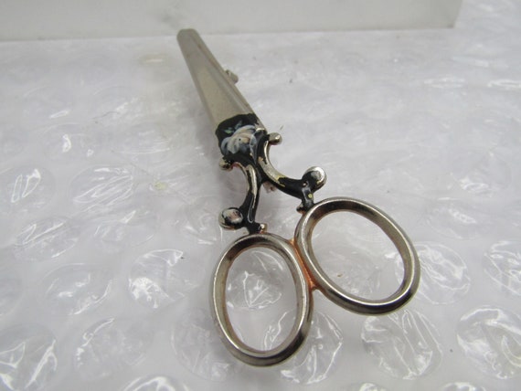 Vintage Enameled Scissors Brooch, With Flower, 2.5" tall and 1" wide. Silver Tone.