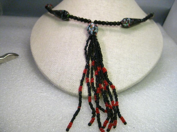 Vintage Black Mottled Cut Glass Beaded Necklace with Tassel, 17.5"