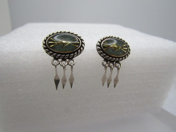 Sterling Carolyn Pollack Relios Inlaid Brass Mosaic Earrings, Pierced Earrings.