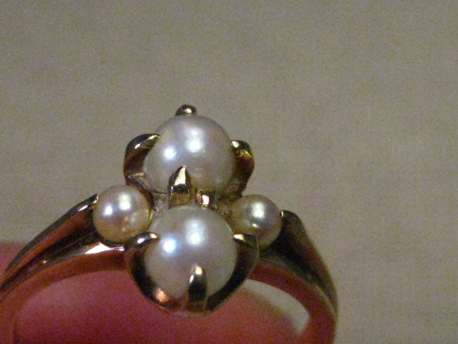 Vintage 10kt Gold Multi Pearl Ring, Size 7, signed H Art Deco Style
