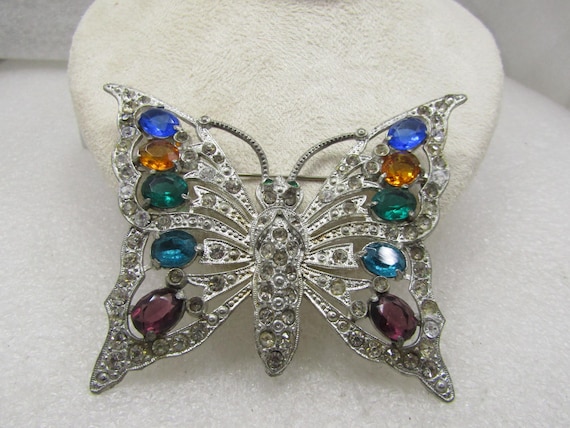 Art Deco Rhinestone Butterfly Brooch, 1930's, Large, Cast Metal.  3.25