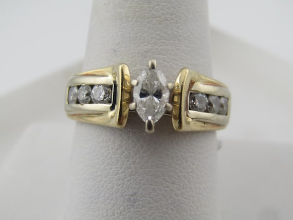 Vintage 14kt Diamond Engagement Ring, Sz. 9, Marquise/Round, 1970's-1980's, Signed F.H.