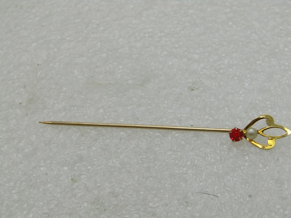 Antique 10kt Pearl & Garnet Stick Pin, 2.5", Art Deco, .60 gr.