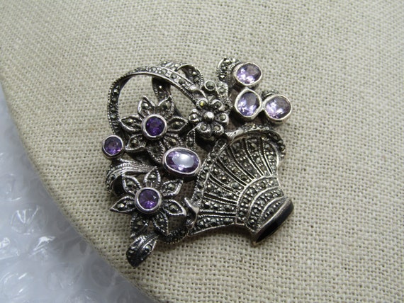 Vintage Sterling Amethyst Marcasite Floral Basket Brooch