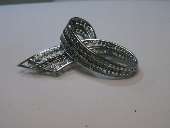 Vintage Silver Filigree Marcasite Looped Brooch, … - image 3