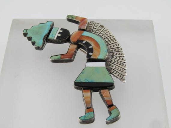 Vintage Zuni Inlaid Kachina Brooch, 3.75" tall and 2.25" wide. , 1960's-1980's