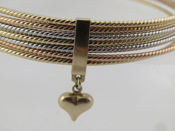 14kt Seven Textured Stacking Bangle Bracelets, Yellow/White/Rose Gold, 8".  Heart Charm, Modern set