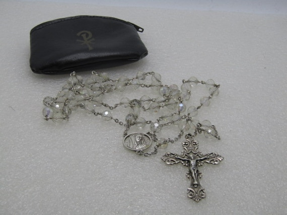 Vintage Sterling Silver Aurora Borealis Rosary, 26", Ornate Cross, 1950's in black zipper pouch