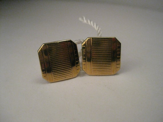 Vintage Swank Art Deco Unisex Goldtone Square Cuff Links with cut corners, stamped design, Mid-Century