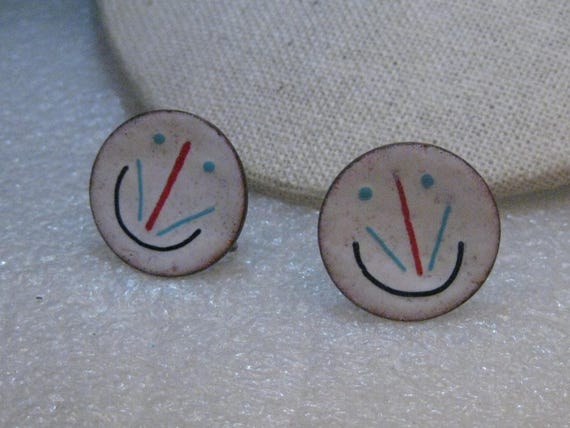 1960's Enameled Copper Earrings Screw Back, White… - image 1