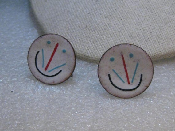 1960's Enameled Copper Earrings Screw Back, White/Blue/Red/Black, Modern/Abstract