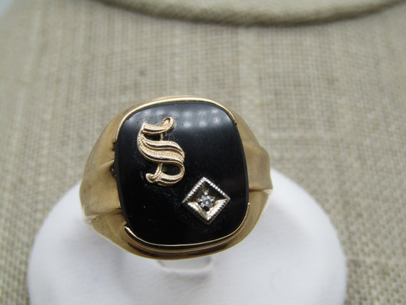 Vintage 10kt Men's Initial S, Onyx & Diamond Chip Ring, Sz. 12, 1940's-1950's, Signed F