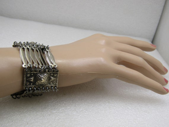 Vintage Mexican Aztec Themed Wide Bracelet, 7.5" … - image 5